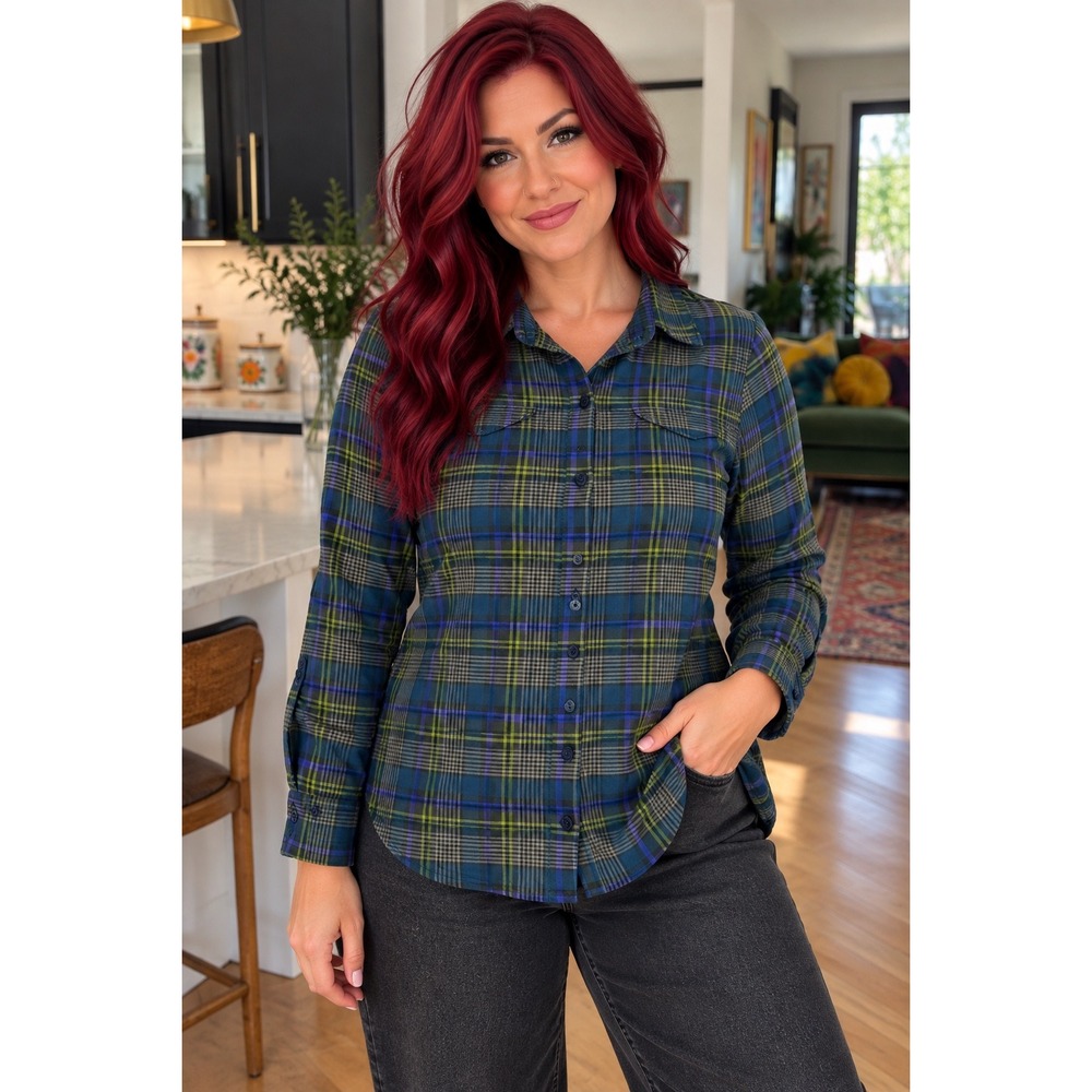 Columbia Omni-Shade Womens XL Plaid Hiking Shirt Long Sleeve Blue Green Fall Top